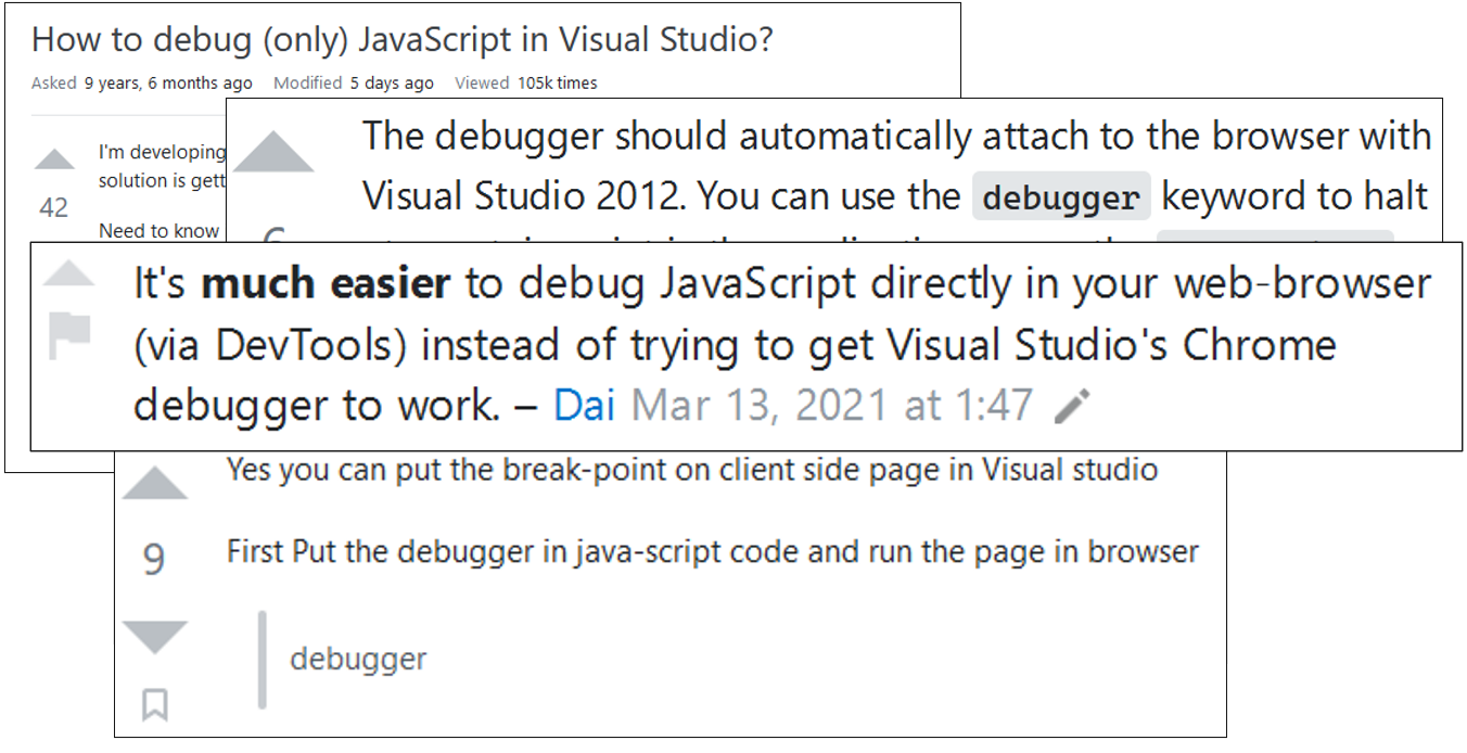 Multiple overlapping distress calls from a Stack Overflow question regarding debugging in Visual Studio
