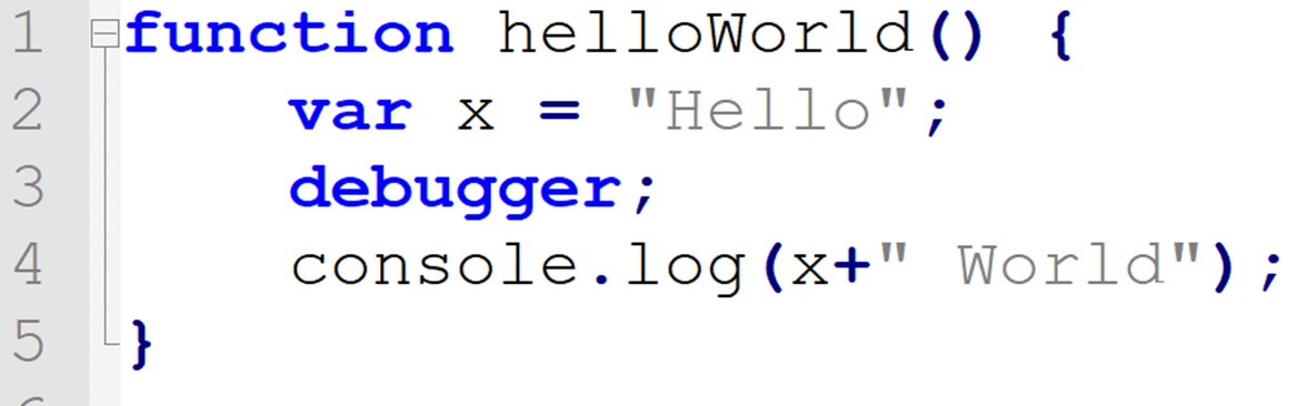 Hello World Example with the debugger; command inserted within