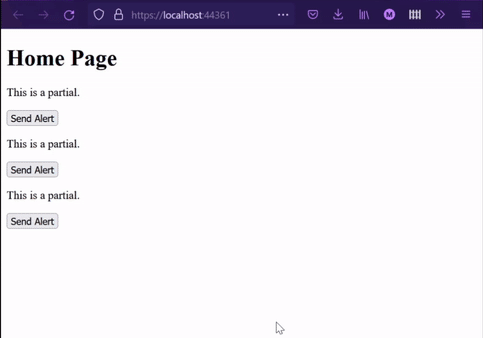 User clicking the top button shows 3 JavaScript alerts