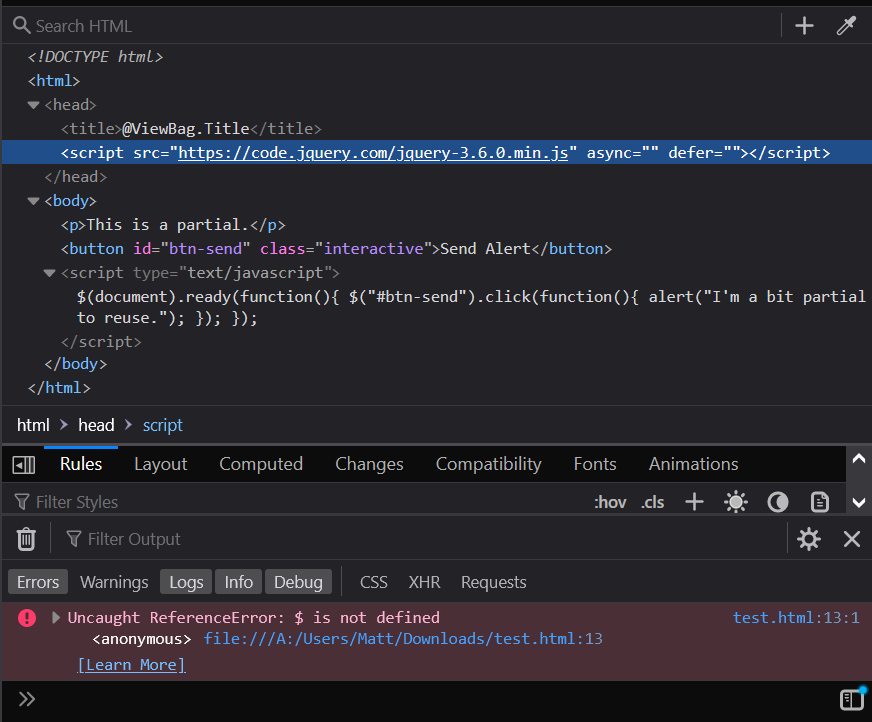 Generated HTML and the JavaScript error even with async