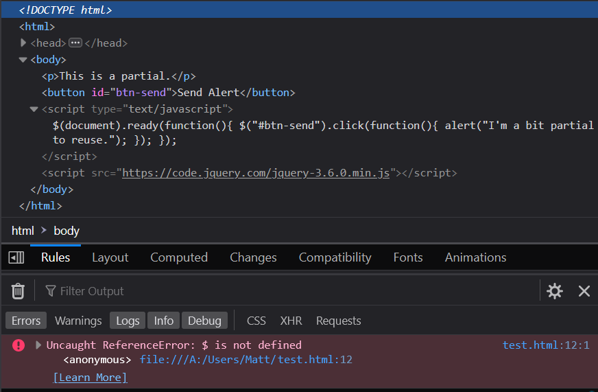 Generated HTML and resulting JavaScript error
