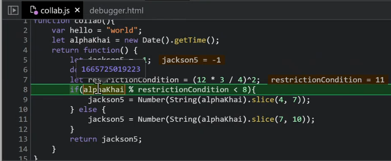 cursor hovering over a variable showing its value above it