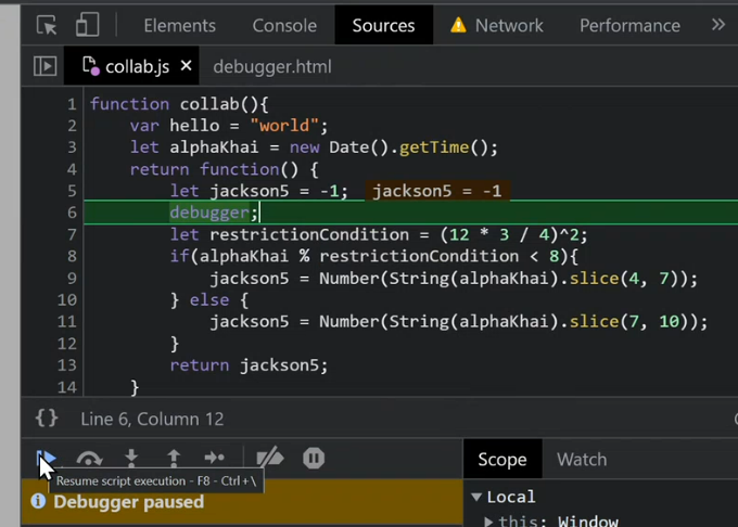 Cursor hovering over the Resume script execution button