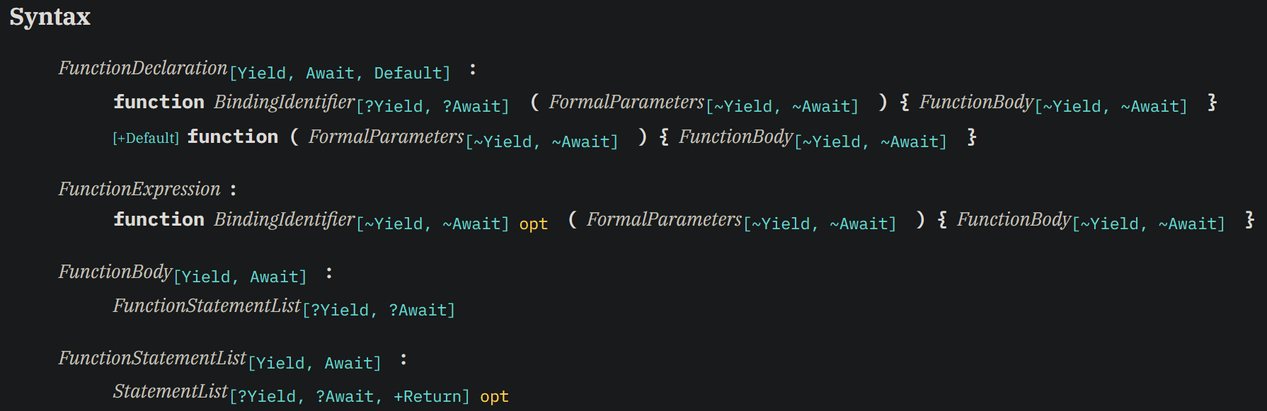 Screenshot of the Function Definitions section of the ECMA 262 specification